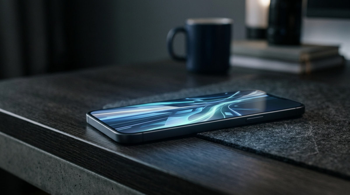 iPhone mostrando una interfaz fluida y rápida sobre un fondo tecnológico